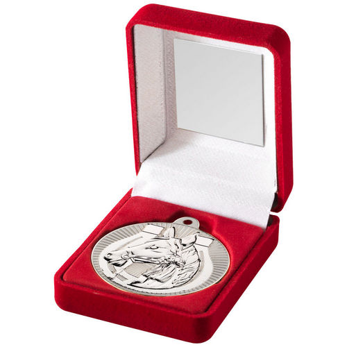 Red Velvet Box And 50mm Horse Medal - Matt Silver/Silver by Legacy Outfitters
