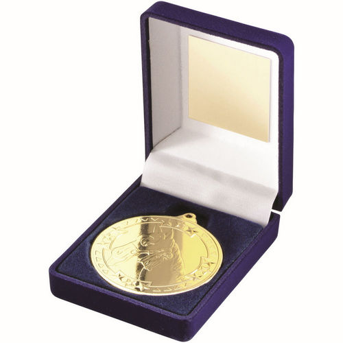 BLUE VELVET BOX AND 50mm MEDAL HORSE