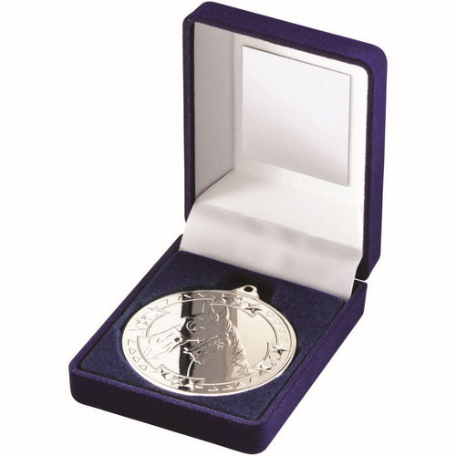 BLUE VELVET BOX AND 50mm MEDAL HORSE