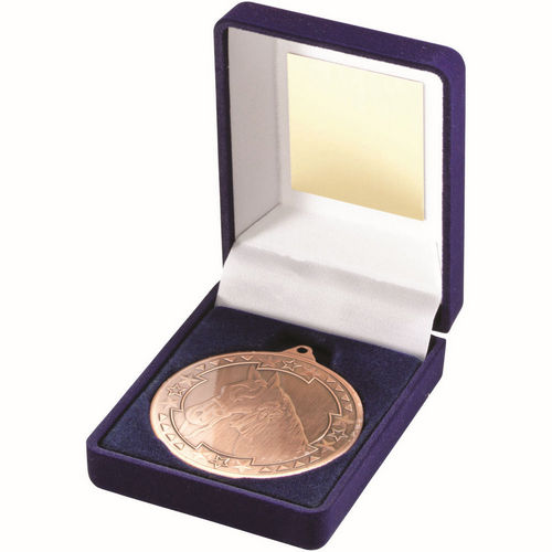 BLUE VELVET BOX AND 50mm MEDAL HORSE