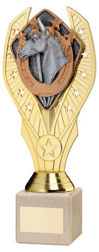 Gold Plastic Holder + Horse Disc On Cream Marble Trophy (1in Cen) - 197mm by Legacy Outfitters