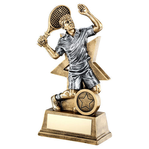 Brz/Gold/Pew Male Tennis Figure With Star Backing With Plate (1in Centre) - 152mm by Legacy Outfitters