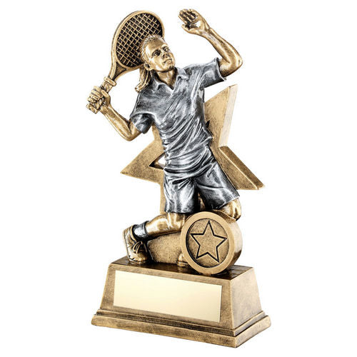 Brz/Gold/Pew Female Tennis Figure With Star Backing With Plate (1in Centre) - 178mm by Legacy Outfitters