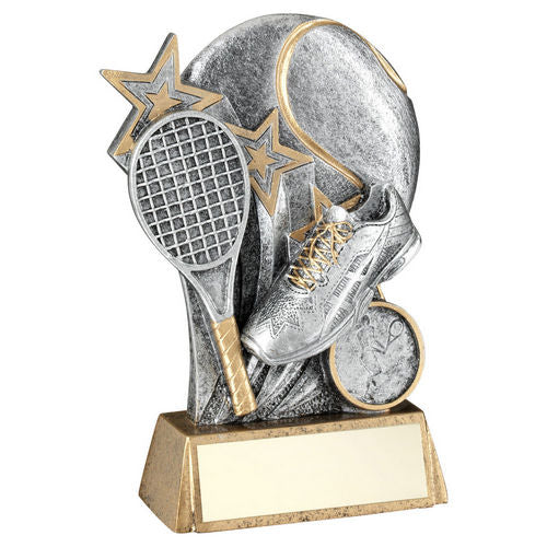 Pew/Gold Tennis Ball With Racket On Brz Base With Plate (1in Cen) - 133mm by Legacy Outfitters