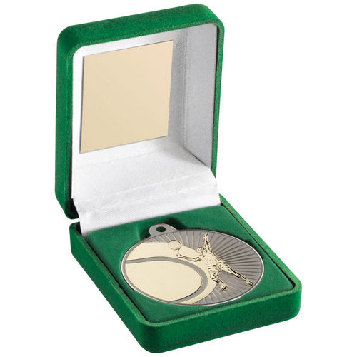 Green Velvet Box And 50mm Tennis Medal - Matt Silver/Gold by Legacy Outfitters
