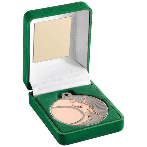 Green Velvet Box And 50mm Tennis Medal - Matt Silver/Bronze by Legacy Outfitters