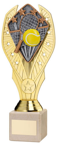 Gold Plastic Holder + Tennis Disc On Cream Marble Trophy (1in Cen) - 197mm by Legacy Outfitters