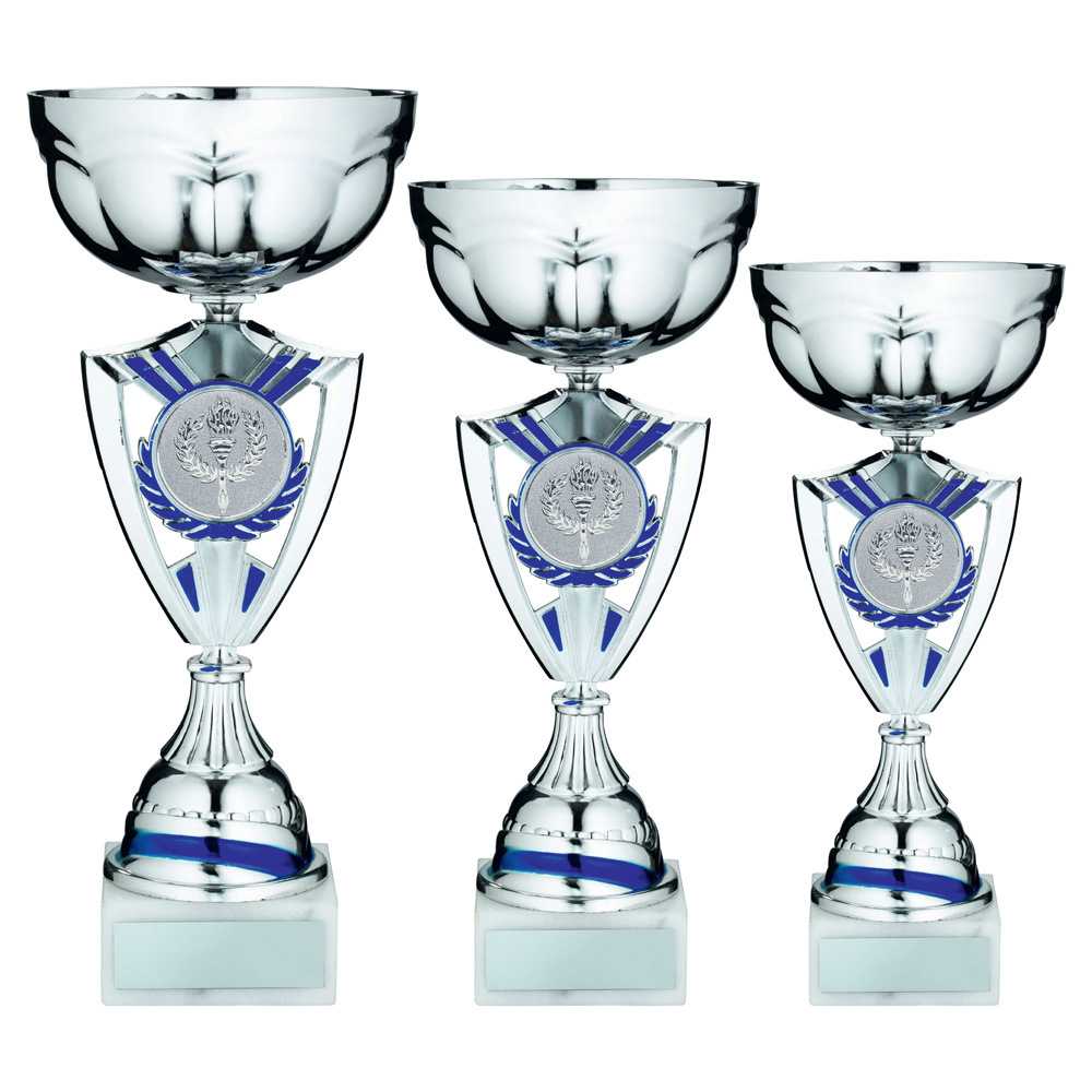 Silver/Blue Shield Trophy Cup With Plate (2in Centre) by Legacy Outfitters