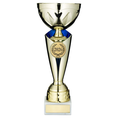 Gold/Blue Trophy Cup With Plate (2in Centre) - 343mm by Legacy Outfitters