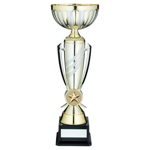 Gold/Matt Silver 3 Stripe Trophy Cup With Plate (2in Centre) - 349mm by Legacy Outfitters