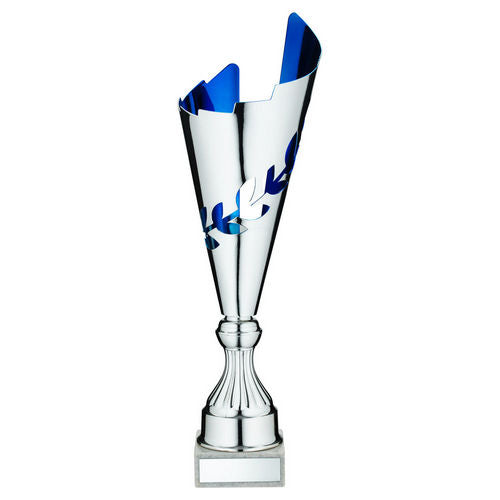 Silver/Blue Metal Wreath Trophy Cup With Plate - 349mm by Legacy Outfitters