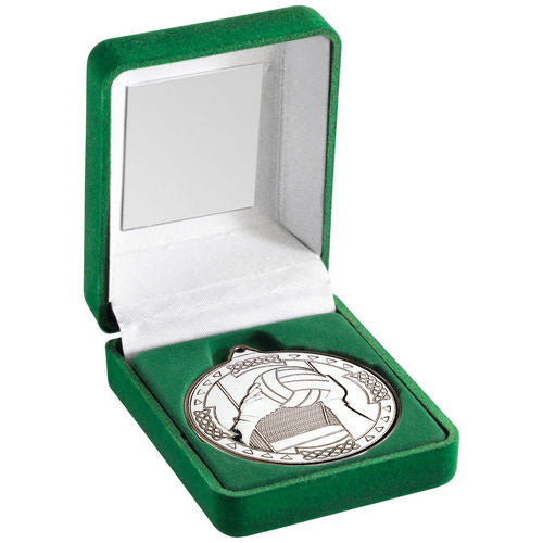 Green Velvet Box And 50mm Medal Gaelic Football - Silver by Legacy Outfitters