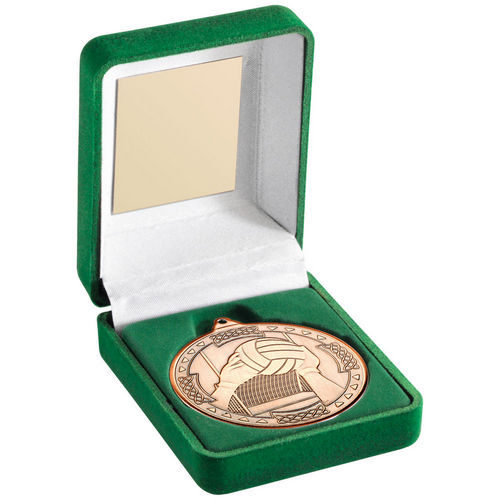 Green Velvet Box And 50mm Medal Gaelic Football - Bronze by Legacy Outfitters