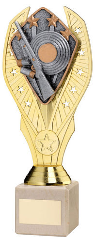 Gold Plastic Holder + Shooting Disc On Cream Marble Trophy (1in Cen) - 197mm by Legacy Outfitters