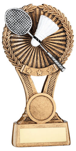 Brz/Gold/Pew Badminton Round Wreath On V Riser With Plate (1in Cen) - 127mm by Legacy Outfitters