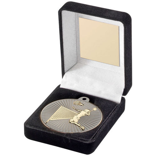 Black Velvet Box And 50mm Badminton Medal - Matt Silver/Gold by Legacy Outfitters