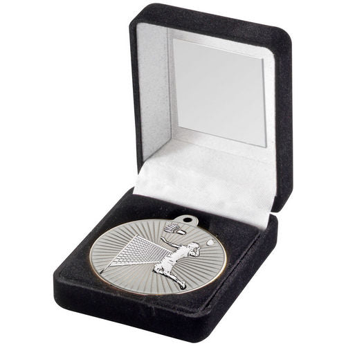 Black Velvet Box And 50mm Badminton Medal - Matt Silver/Silver by Legacy Outfitters