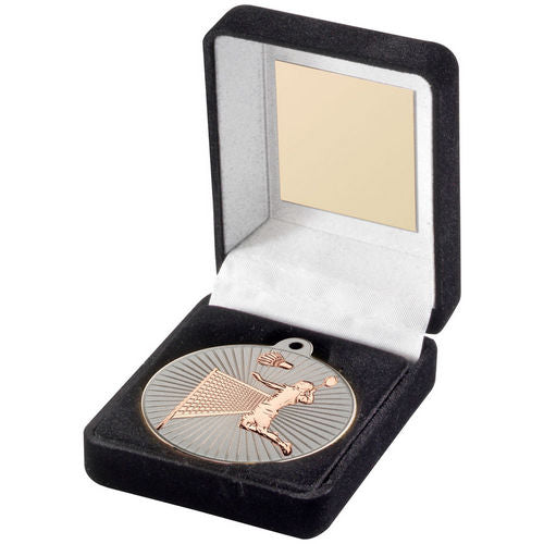 Black Velvet Box And 50mm Badminton Medal - Matt Silver/Bronze by Legacy Outfitters