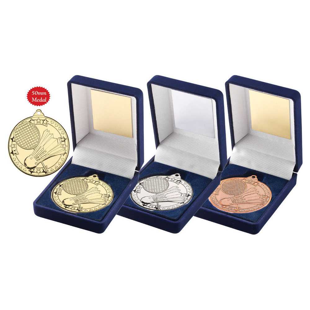 Blue Velvet Box And 50mm Medal Badminton by Legacy Outfitters