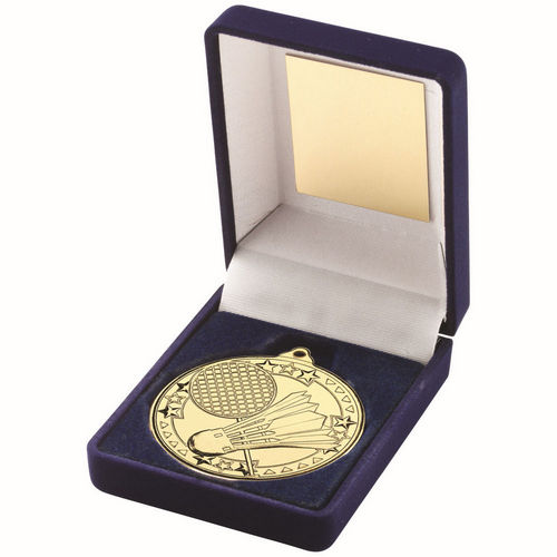 Blue Velvet Box And 50mm Medal Badminton - Gold by Legacy Outfitters