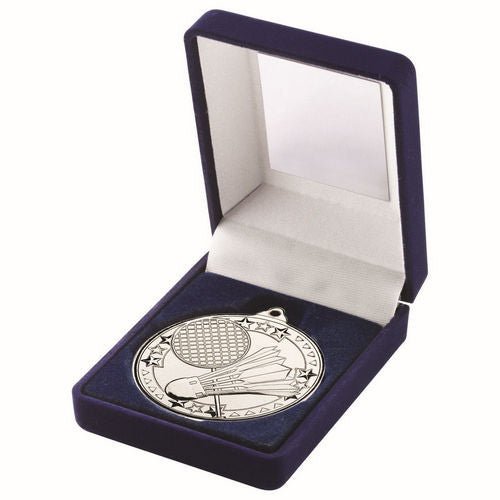 Blue Velvet Box And 50mm Medal Badminton - Silver by Legacy Outfitters