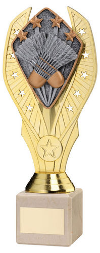 Gold Plastic Holder + Badminton Disc On Cream Marble Trophy (1in Cen) - 197mm by Legacy Outfitters