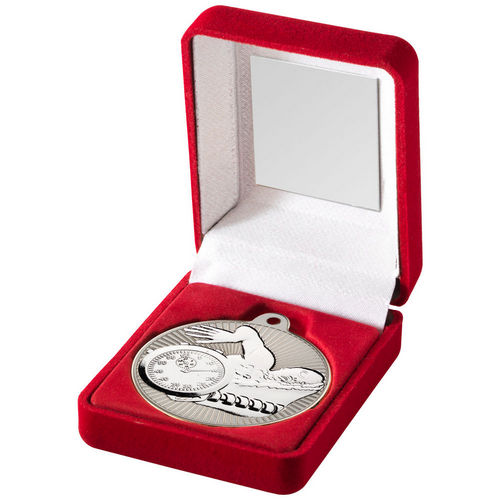 Red Velvet Box And 50mm Swimming Medal - Matt Silver/Silver by Legacy Outfitters