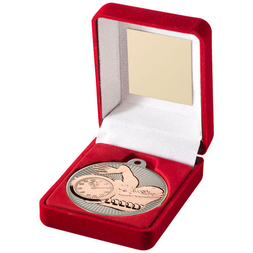 Red Velvet Box And 50mm Swimming Medal - Matt Silver/Bronze by Legacy Outfitters