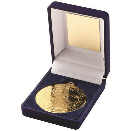 Blue Velvet Box And 50mm Medal Swimming - Gold by Legacy Outfitters