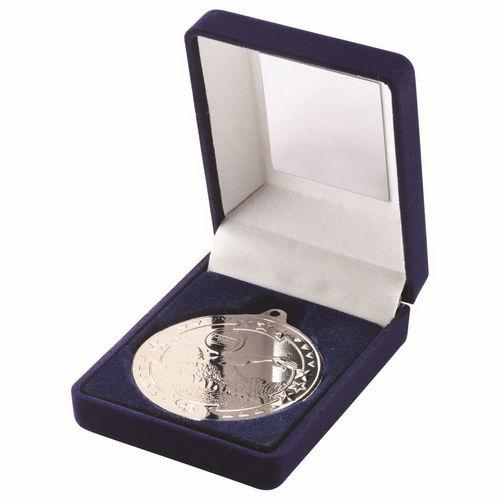 Blue Velvet Box And 50mm Medal Swimming - Silver by Legacy Outfitters