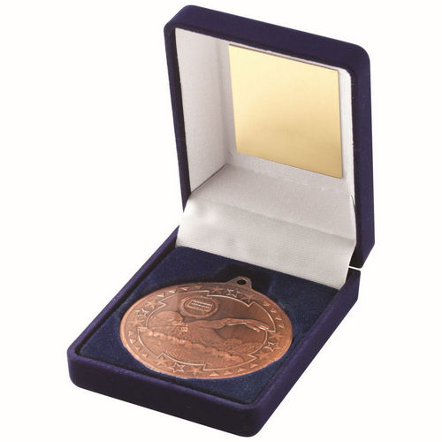 Blue Velvet Box And 50mm Medal Swimming - Bronze by Legacy Outfitters