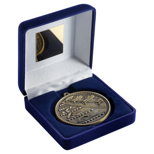 Blue Velvet Box And 60mm Medal Swimming - Antique Gold by Legacy Outfitters