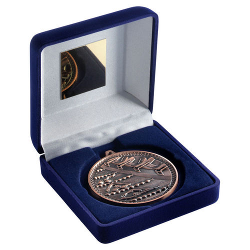 Blue Velvet Box And 60mm Medal Swimming - Bronze by Legacy Outfitters