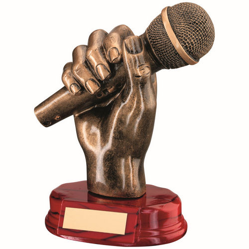 BRZ/GOLD RESIN MICROPHONE IN HAND WITH PLATE - 7in