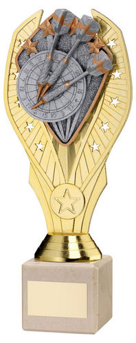 Gold Plastic Holder + Darts Disc On Cream Marble Trophy (1in Cen) - 197mm by Legacy Outfitters