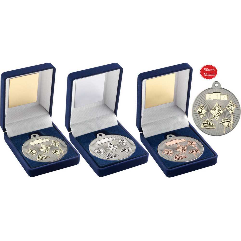 Blue Velvet Box And 50mm Multi Athletics Medal by Legacy Outfitters