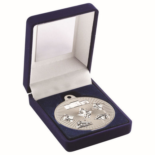 Blue Velvet Box And 50mm Multi Athletics Medal - Matt Silver/Silver by Legacy Outfitters
