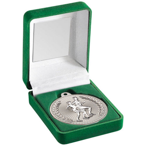 Green Velvet Box And 50mm Running Medal - Matt Silver/Silver by Legacy Outfitters