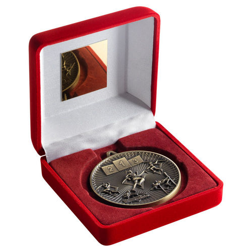 Red Velvet Box And 60mm Medal Athletics - Antique Gold by Legacy Outfitters