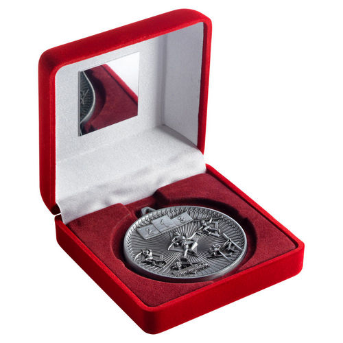 Red Velvet Box And 60mm Medal Athletics - Antique Silver by Legacy Outfitters
