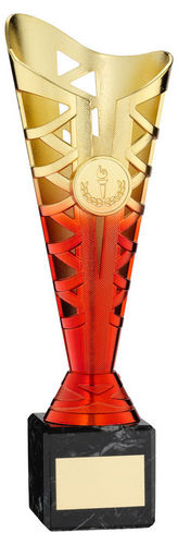 Gold/Red Plastic Titan Cup On Black Marble Assembled Trophy (1in Cen) - 222mm by Legacy Outfitters