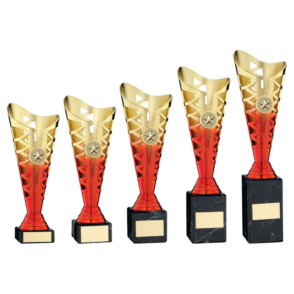 Gold/Red Plastic Titan Cup On Black Marble Assembled Trophy (1in Cen) by Legacy Outfitters