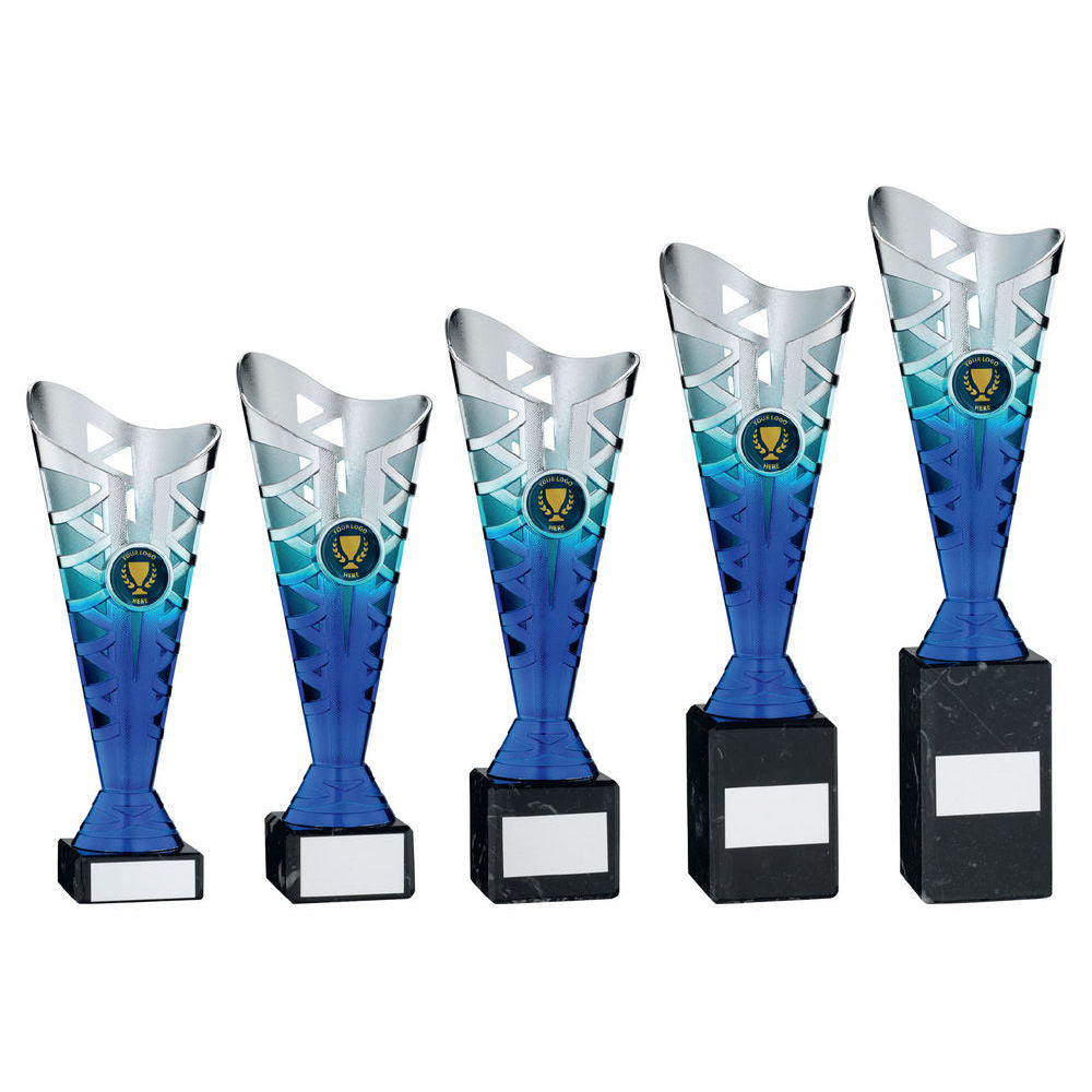 Silver/Blue Plastic Titan Cup On Blk Marble Assembled Trophy (1in Cen) by Legacy Outfitters