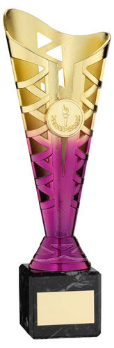 Gold/Purple Plastic Titan Cup On Blk Marble Assembled Trophy (1in Cen) - 222mm by Legacy Outfitters