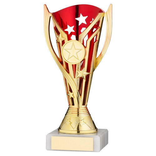 GOLD/RED PLASTIC FLASH CUP ASSEMBLED ON MARBLE (1in CEN) - 7in