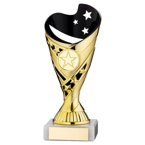 GOLD/BLACK PLASTIC SABRE CUP ASSEMBLED ON MARBLE (1in CEN) - 7in