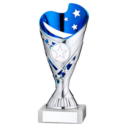 SILVER/BLUE PLASTIC SABRE CUP ASSEMBLED ON MARBLE (1in CEN) - 7in