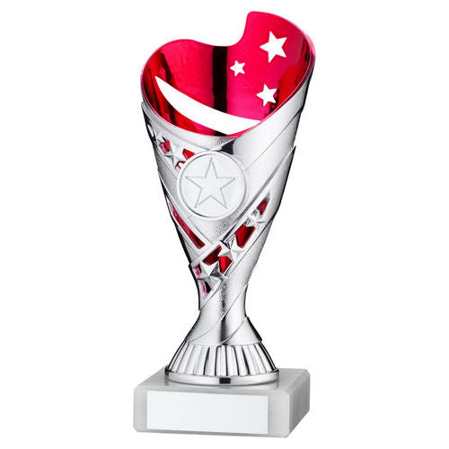SILVER/PINK PLASTIC SABRE CUP ASSEMBLED ON MARBLE (1in CEN) - 7in