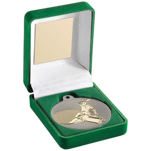 Green Velvet Box And 50mm Table Tennis Medal - Matt Silver/Gold by Legacy Outfitters