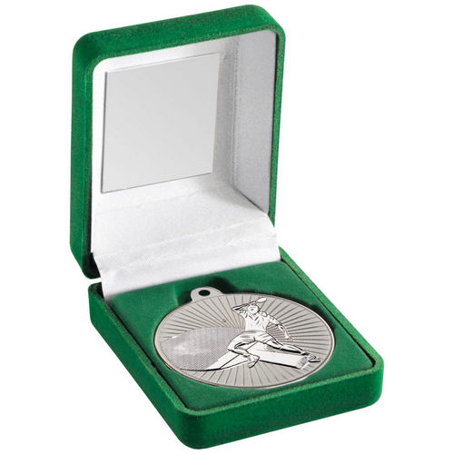 Green Velvet Box And 50mm Table Tennis Medal - Matt Silver/Silver by Legacy Outfitters
